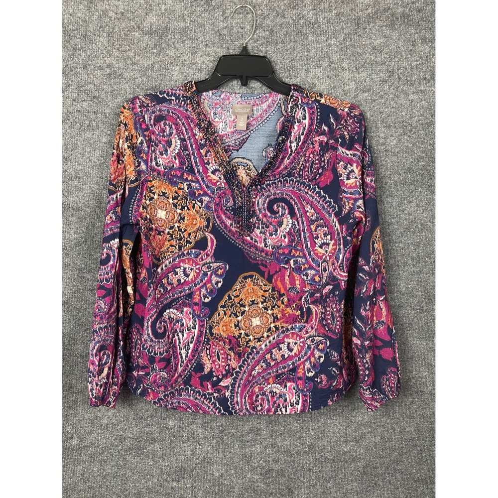 Chico's Paisley Blouse Women 2 Navy Pink Excellent Beaded V-Neck Long Sleeve